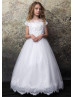 Beaded White Lace Tulle Flower Girl Dress With Scalloped Edge
